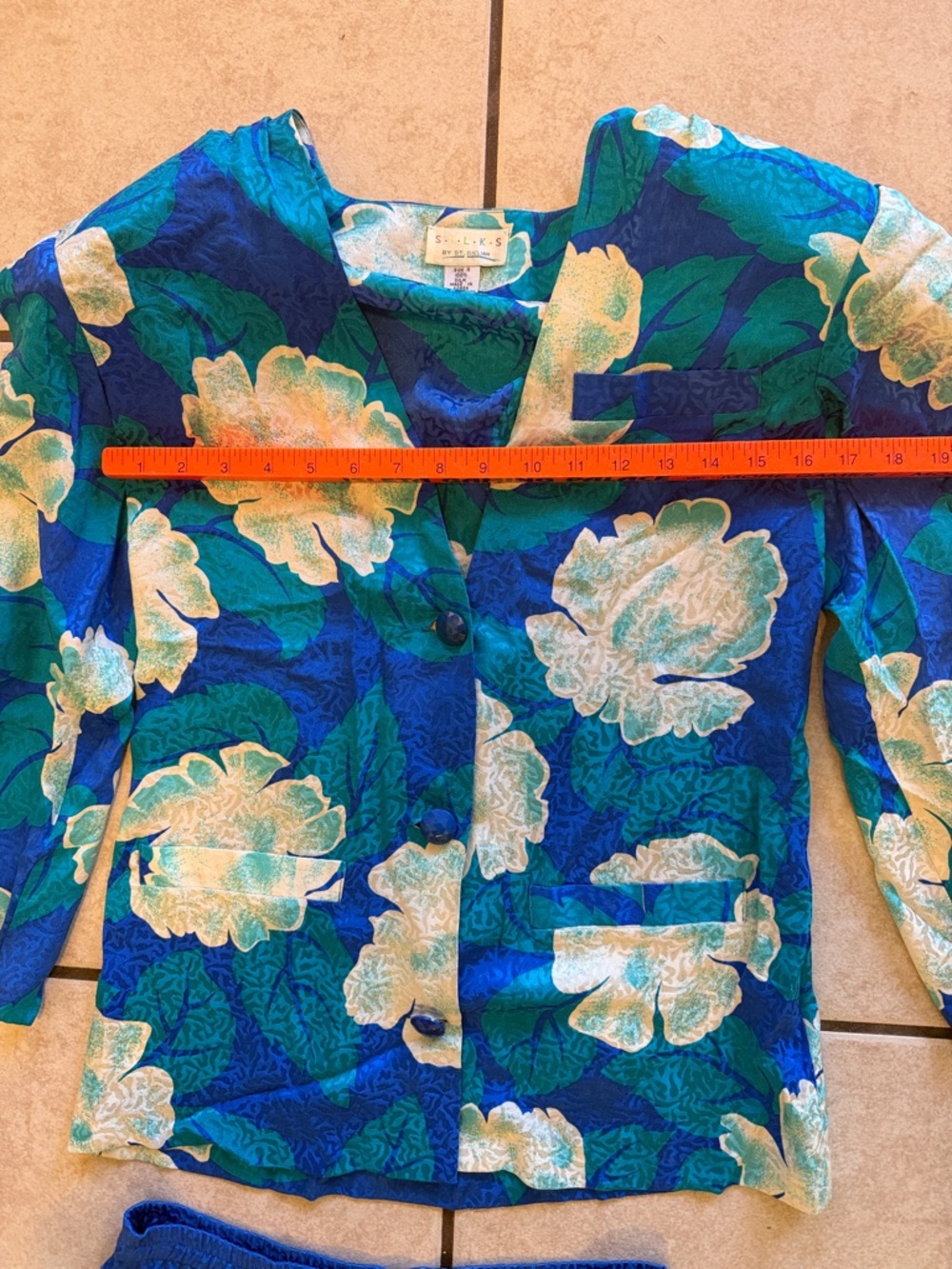 Vintage 90s 100% Silk Floral Skirt Suit Set | Blue Co-Ord Power Suit - Picture 6 of 10